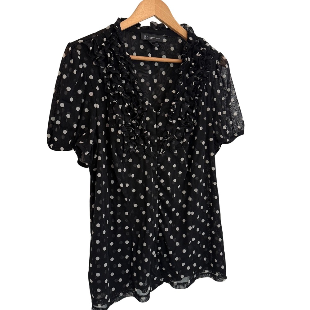 INC Women's Black Polka Dot Mesh Blouse Top Size 1XR‎ Ruffles Retro Office